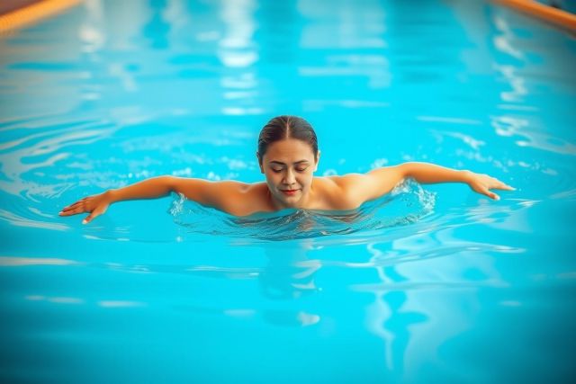 A person is seen swimming in a large pool with blue water. The swimmer, is stretching out their arms and appears to be reaching for something or swimming towards the side of the pool.