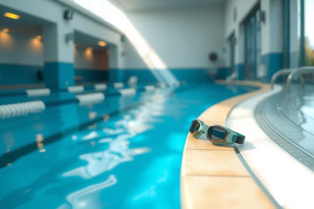 Swimming goggles rest on a blue pool's edge. The indoor pool features tiled walls and a glimpse of a sunny outdoor view, creating a relaxing aquatic scene.