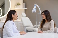 Dental consultation in clinic with clinician and patient discussing teeth whitening near treatment chair.