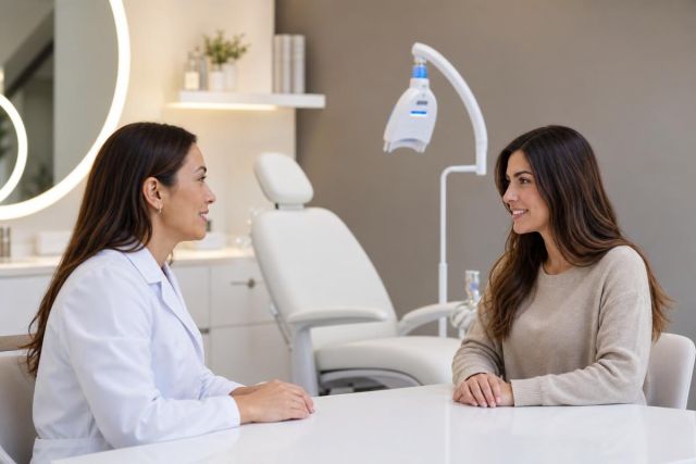 Dental consultation in clinic with clinician and patient discussing teeth whitening near treatment chair.