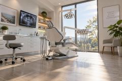 Modern dental treatment room with reclining chair, dental instruments, x-ray monitor, sunny window.
