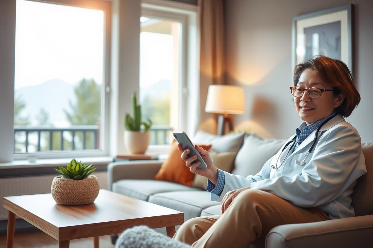 The image shows a woman wearing a white coat, indicating she is a doctor. She is sitting comfortably on a couch in what appears to be her home office or living room with large windows providing natural light.