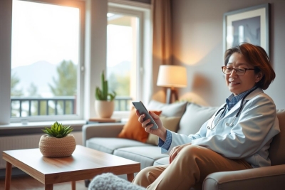 The image shows a woman wearing a white coat, indicating she is a doctor. She is sitting comfortably on a couch in what appears to be her home office or living room with large windows providing natural light.