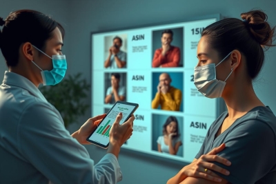 The image depicts a medical setting where a patient and a doctor are chatting. The doctor is displaying information on a tablet, possibly reviewing patient records or treatment plans. They are wearing surgical masks, showing the importance of hygiene and safety measures in a healthcare setting.