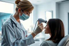 Doctor examines patient's eye with an ophthalmoscope in a medical office. Healthcare professional wearing a mask and gloves, demonstrating eye care and diagnostic procedures.