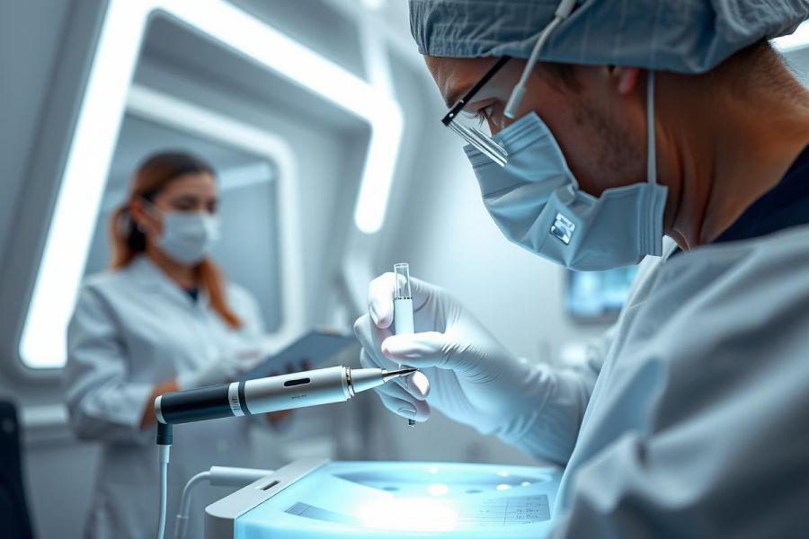 Medical professional in sterile environment performs a procedure with surgical instruments. Focus on precision and hygiene in a modern lab setting. White coat, gloves, and focus on detail.