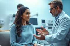 Doctor consults with a smiling female patient in a bright, modern medical clinic. The scene depicts a healthcare consultation with a focus on patient care and communication, featuring a professional in a white coat and a comfortable environment with medical equipment in the background. Warm tones and a positive atmosphere convey trust and wellbeing.