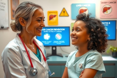 In the image, there are two individuals in what appears to be a clinical or medical setting. On the left is an adult woman wearing a white lab coat, suggesting she may be a healthcare professional like a doctor or nurse. She has a friendly demeanor with a slight smile on her face and is looking towards the young girl on the right.