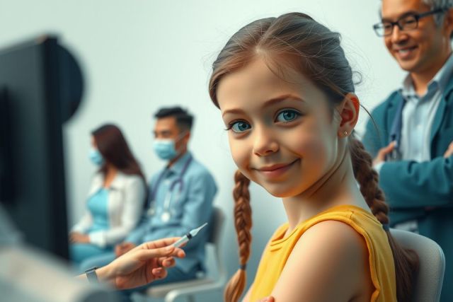 The image depicts a young girl sitting in front of a computer monitor with medical staff attending to her. The girl has blonde hair and is smiling, looking at the viewer. She is wearing yellow top. The staff members are dressed in typical hospital attire, indicating a healthcare setting. The environment appears clean and professional, with sterile medical equipment visible around them.