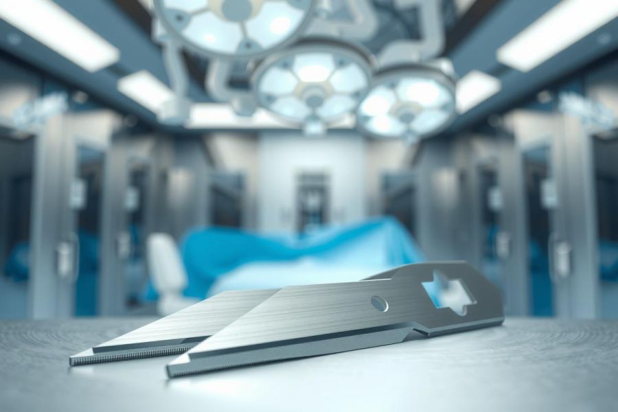 Surgical instruments on a blue draped operating table. Focus on stainless steel tools in a clean, sterile medical environment. The scene highlights the precision and focus of a surgical procedure.