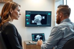 Medical professionals examining a brain scan on a screen. The image showcases diagnostic technology and healthcare expertise, with a focus on imaging and patient care.
