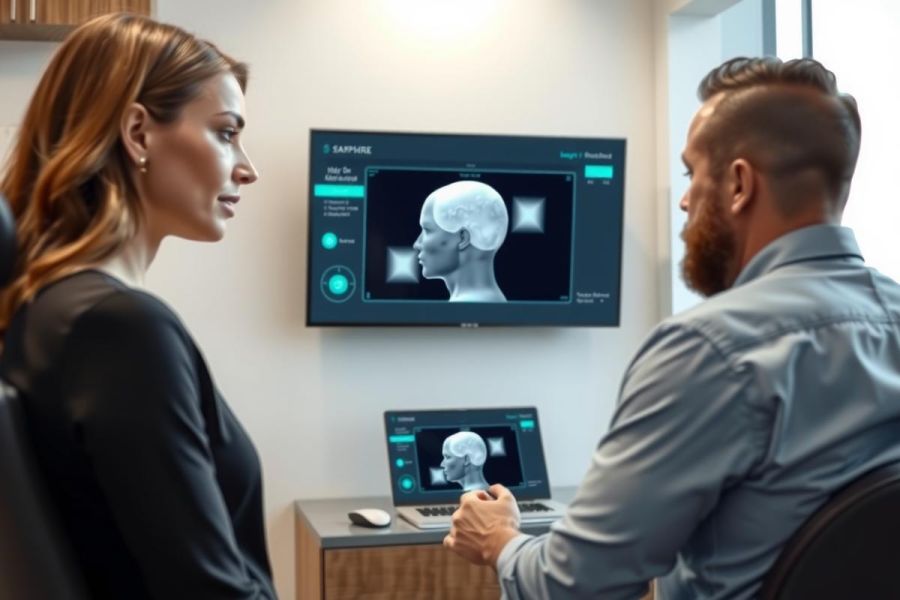Medical professionals examining a brain scan on a screen. The image showcases diagnostic technology and healthcare expertise, with a focus on imaging and patient care.