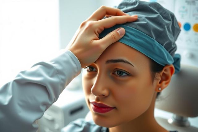Medical professional in scrubs and a surgical cap, looking concerned. Healthcare setting with medical equipment visible in the background. Blue and white color scheme, portraying a focused and professional environment.