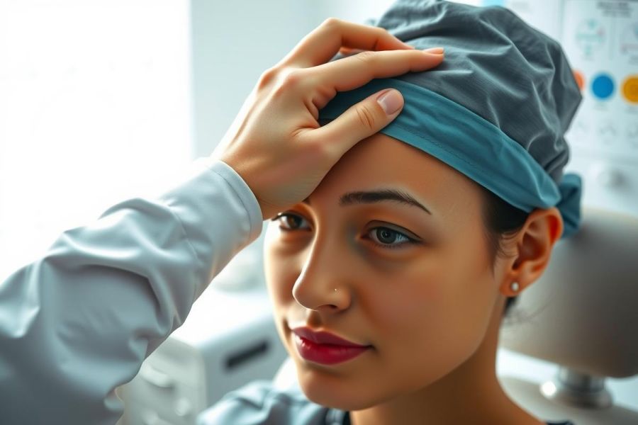 Medical professional in scrubs and a surgical cap, looking concerned. Healthcare setting with medical equipment visible in the background. Blue and white color scheme, portraying a focused and professional environment.