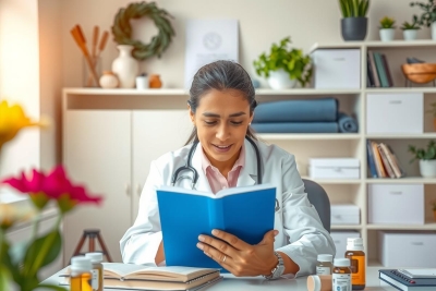 This is a photograph featuring a young woman sitting at a desk in what appears to be an office environment. She is wearing a white coat, suggesting she might be a doctor or medical professional.