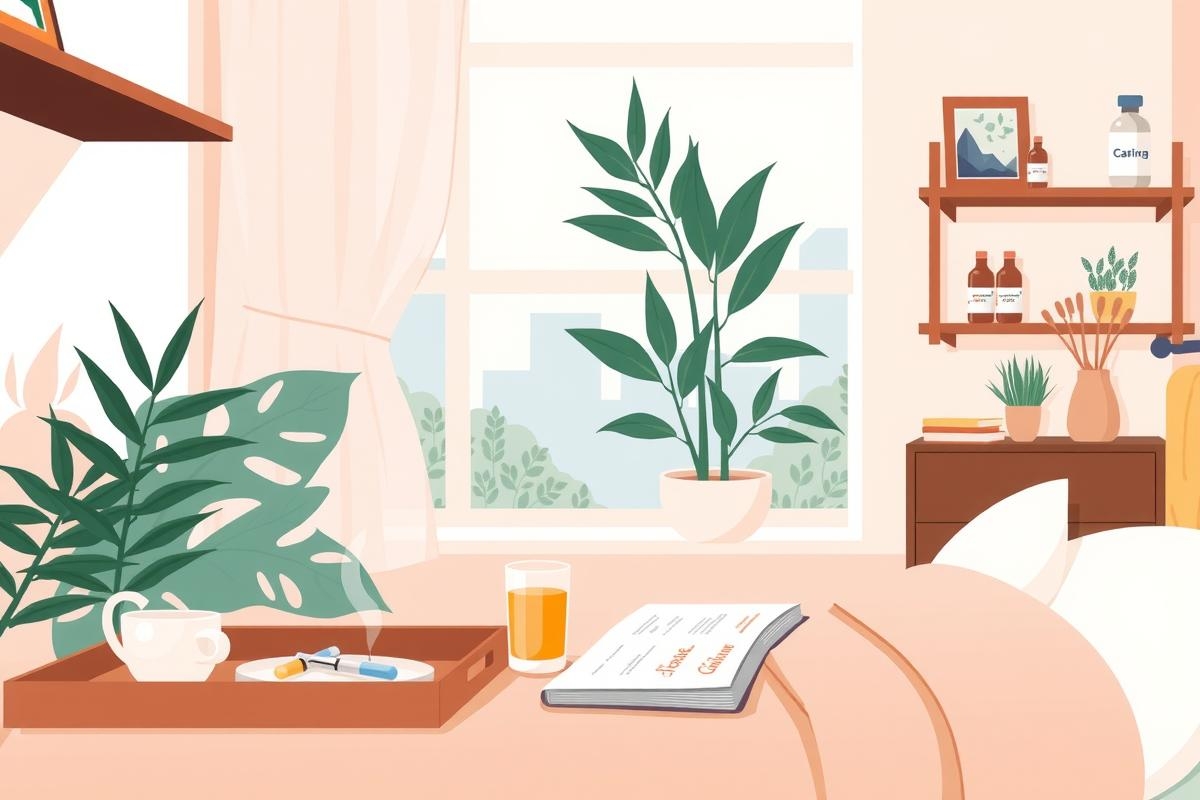 A cozy, colorful living room with a window, potted plants, bookshelf, and coffee table. The room is filled with warm lighting, and the artwork showcases an artistically pleasing environment for relaxation.