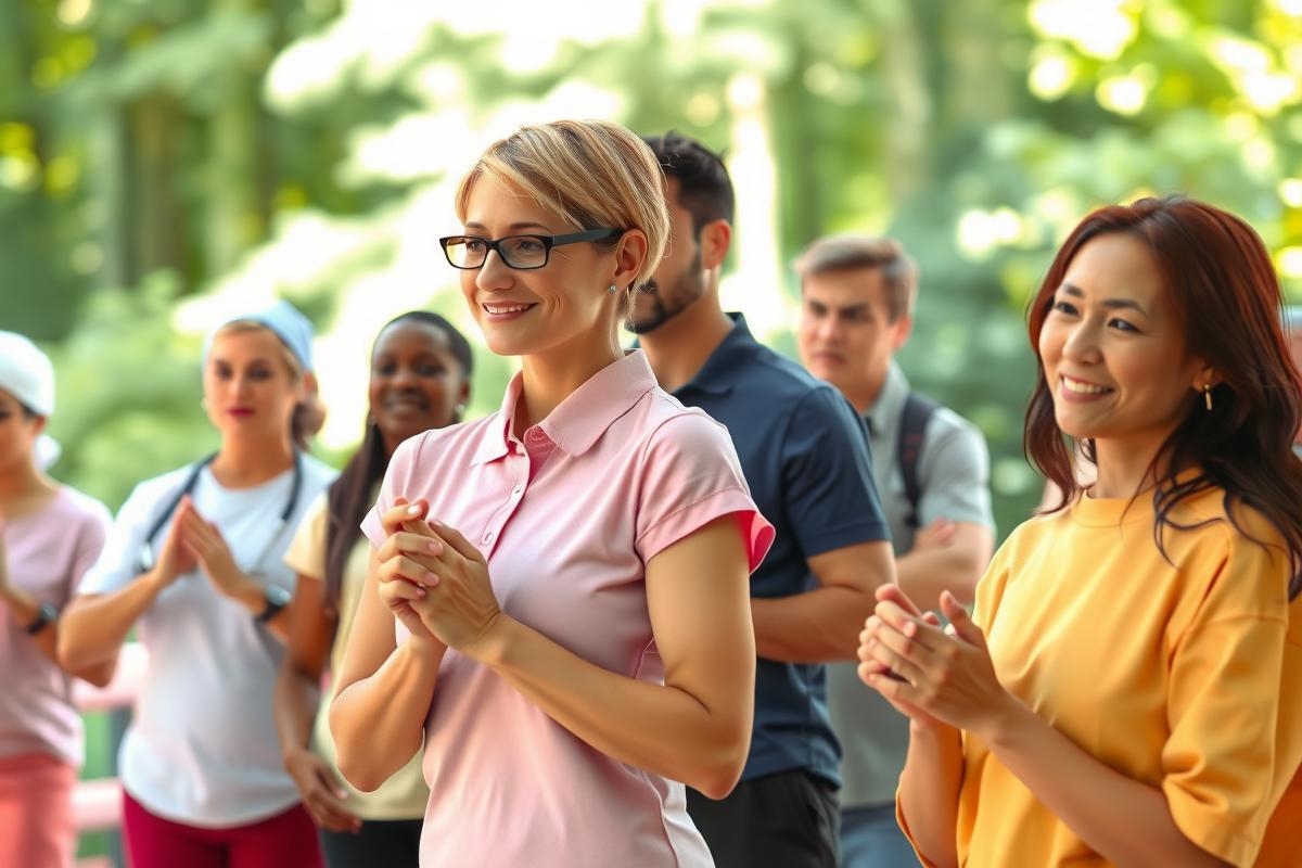 There is a lively outdoor scene with a group of people who appear to be partaking in an exercise or dance activity. The individuals are dressed in casual sportswear and seem focused on the event they're engaging in.