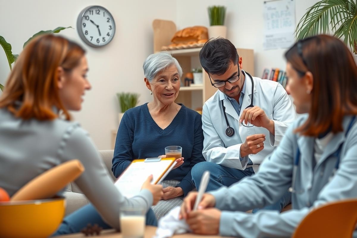 In a warm and inviting home office environment, a professional medical team is engaging with an elderly patient. The woman doctor, seated at the table, interacts with the older individual, who appears relaxed and comfortable in their company. Another healthcare provider stands near them. 