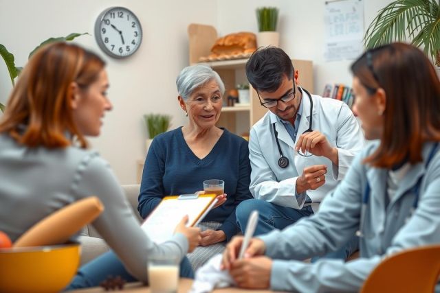 In a warm and inviting home office environment, a professional medical team is engaging with an elderly patient. The woman doctor, seated at the table, interacts with the older individual, who appears relaxed and comfortable in their company. Another healthcare provider stands near them. 