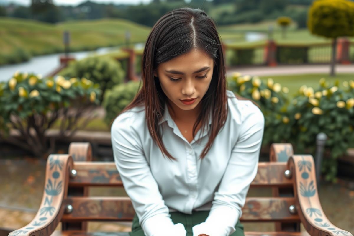 The image features a young woman seated on a wooden bench, appearing thoughtful or contemplative. She is wearing a white blouse and green slacks. The setting seems to be an outdoor space with manicured gardens in the background, suggesting a peaceful environment for relaxation.