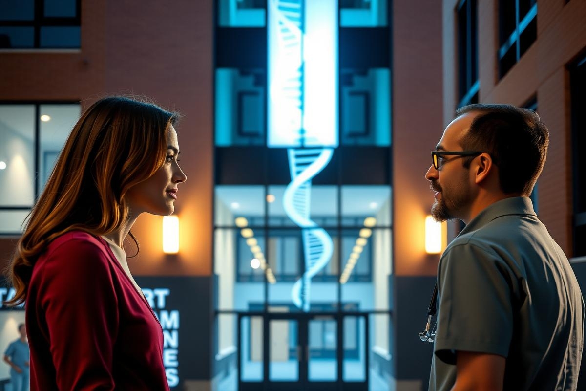 The image depicts a man and a woman standing in front of a building. The man is wearing glasses and a light-colored shirt, while the woman has long hair and a red blouse. They are facing each other, engaged in conversation.