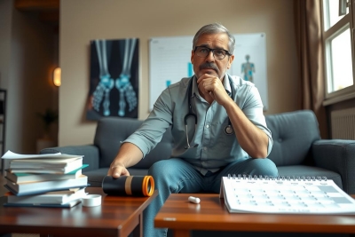 The image shows a man with gray hair, wearing glasses and a shirt. He appears to be in deep thought or contemplation while sitting on a couch. The room has a casual, lived-in atmosphere with various books and papers scattered about, suggesting that the man might be an intellectual or professional.