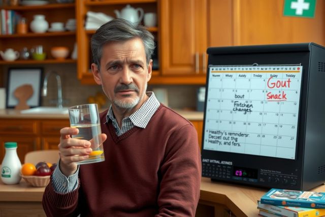 A man sitting at a kitchen table drinking from a glass, with an open computer displaying a schedule or calendar. The environment is cozy with wooden cabinets and warm lighting.