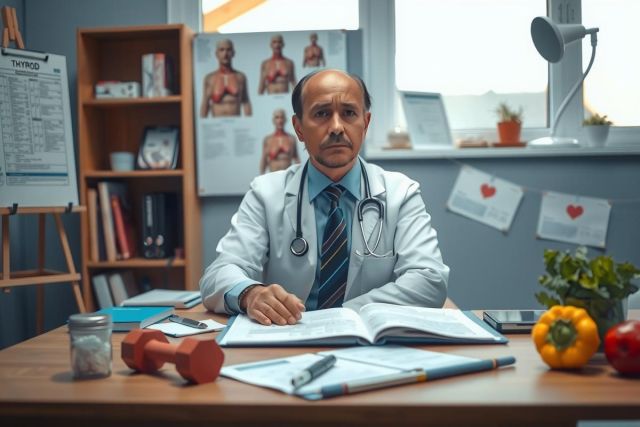 The image shows a man sitting at a desk, likely in an office environment. He is dressed professionally with medical attire, including a white coat that signifies his role as a doctor or medical professional. The desk is cluttered with various items such as papers, books, and what appear to be some medical equipment. There are also small plants adding a touch of greenery to the space. 