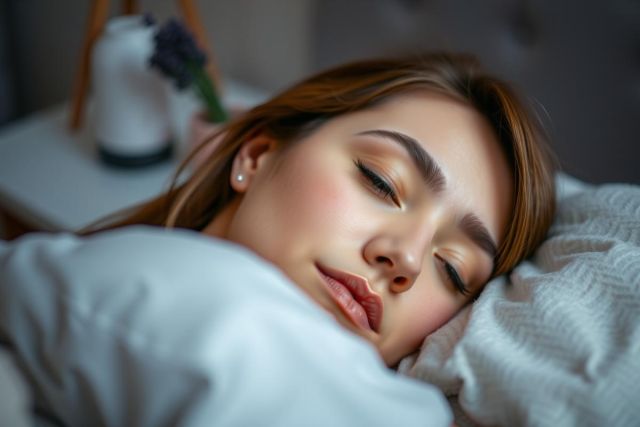 Close-up of a woman resting her head on a fluffy white blanket. Soft lighting, peaceful scene. Portrait photography, cozy atmosphere. 