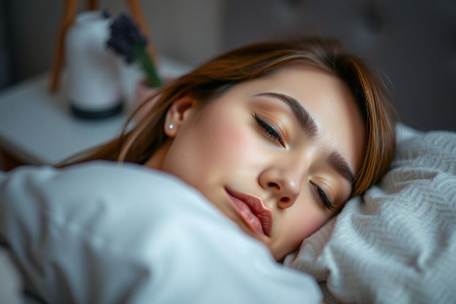 Close-up of a woman resting her head on a fluffy white blanket. Soft lighting, peaceful scene. Portrait photography, cozy atmosphere. 