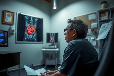 In the image, a man is seated at a desk in what appears to be a medical setting. He's wearing glasses and seems focused on something out of view.