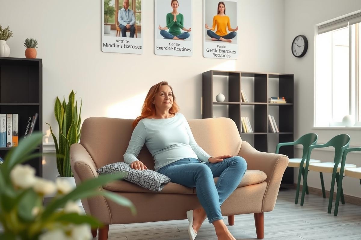 A woman is sitting comfortably on a couch in a modern living room setting. She is dressed in casual attire and appears to be at ease, possibly practicing mindfulness or simply enjoying the space.