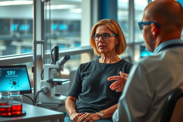 Two individuals are engaged in conversation within a modern scientific laboratory. The woman on the left is seated at a workstation with various pieces of scientific equipment.