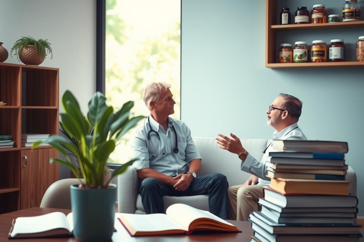 The image shows two men in a modern indoor setting, possibly a home or office. One man is seated and the other stands, suggesting they are engaged in a discussion. Both individuals appear to be dressed professionally, with one wearing a tie, indicating that this might be a work-related meeting. 