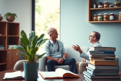The image shows two men in a modern indoor setting, possibly a home or office. One man is seated and the other stands, suggesting they are engaged in a discussion. Both individuals appear to be dressed professionally, with one wearing a tie, indicating that this might be a work-related meeting. 