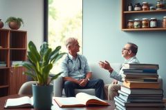 The image shows two men in a modern indoor setting, possibly a home or office. One man is seated and the other stands, suggesting they are engaged in a discussion. Both individuals appear to be dressed professionally, with one wearing a tie, indicating that this might be a work-related meeting. 