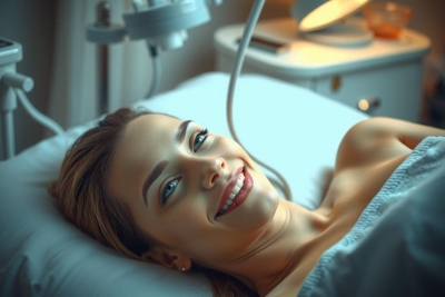 The image shows a smiling woman lying on a hospital bed, wearing a medical gown. She appears to be receiving treatment or care as suggested by the medical equipment around her.