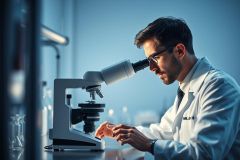 Scientist in a lab using a microscope. Man in a white coat examines samples, illuminated by cool blue lighting. Focus on scientific research, microscopy, and laboratory environment. Professional setting, detailed equipment.