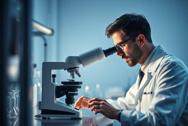 Scientist in a lab using a microscope. Man in a white coat examines samples, illuminated by cool blue lighting. Focus on scientific research, microscopy, and laboratory environment. Professional setting, detailed equipment.