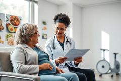 Doctor consults with a patient in a bright, modern healthcare setting. The woman is seated and appears to be discussing health records with the female doctor. Focus on wellness, medical consultation, and healthy eating with food photos in the background.