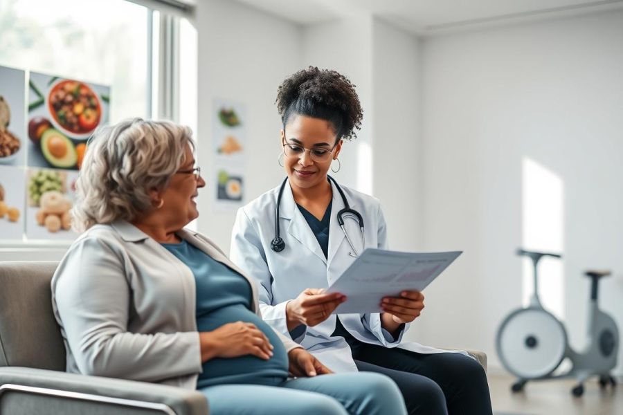 Doctor consults with a patient in a bright, modern healthcare setting. The woman is seated and appears to be discussing health records with the female doctor. Focus on wellness, medical consultation, and healthy eating with food photos in the background.