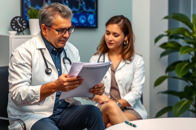The image shows a medical office setting. There are two individuals, one appears to be a doctor, wearing a white lab coat with stethoscope around the neck and red-rimmed glasses, and the other is a famele doctor sitting in front of the doctor.
