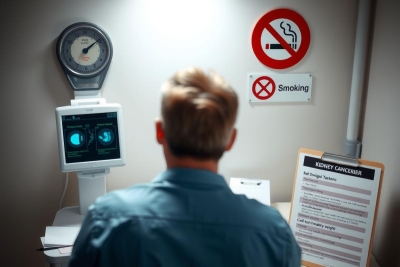 The image depicts an indoor setting that appears to be a medical examination room. In the center of the frame, there is a person facing away from the camera, likely an attendant or healthcare worker.