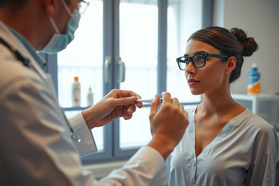 This is a clinical photograph featuring two individuals in what appears to be a healthcare setting. The woman at the center is receiving medical attention from a professional who seems to be providing a service or diagnosis.