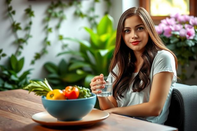 The image features a woman sitting at a table, enjoying a healthy meal. She is holding a glass of water and the table has various fruits on it, including oranges, apples, and bananas.
