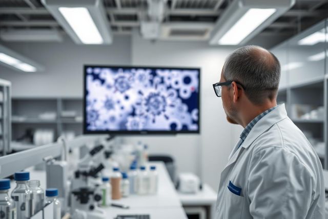 Scientist in a laboratory examining a screen displaying a virus illustration. The modern lab features microscopes, equipment, and bright lighting. Focus is on research, medicine, and scientific study.
