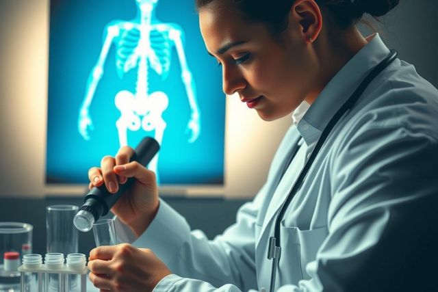 The image shows a female scientist in a lab setting. She is focused on an experiment, examining samples with a microscope and noting observations on a clipboard. The environment is clinical and scientific, featuring laboratory equipment such as test tubes and beakers. Her attire is professional with a white coat indicative of a medical or biological researcher.