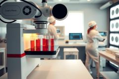 Laboratory setting with test tubes containing red liquid, likely for scientific research or medical analysis.  Researchers in lab coats visible in the background.
