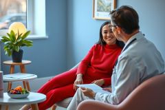 Two people in a brightly lit room having a discussion. A woman in a red dress and a man in a white shirt are seated, with a document on their laps. The setting appears to be a modern office or consultation space.