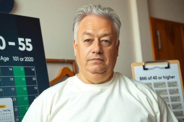 The image shows a man standing inside, possibly an office or clinic setting. He is wearing a white t-shirt, suggesting he is a patient. To his right, there are charts and graphs on a wall, possibly representing health-related data, supporting the idea of ​​a medical setting.